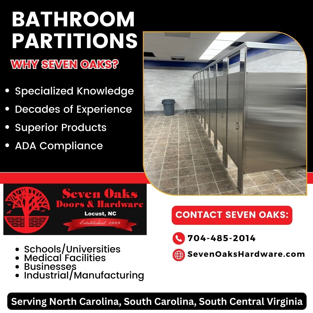 Expert Bathroom Partition Installers at Seven Oaks Commercial Door and Hardware Solutions! Serving NC, SC, and South Central VA!